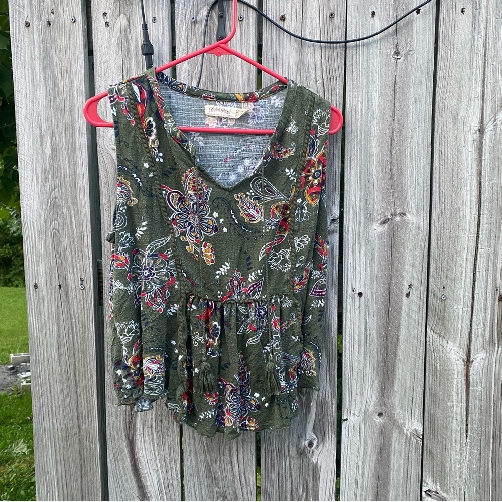 Faded Glory‎ Womens Olive Green Floral Paisley Sleeveless Babydoll Top Large